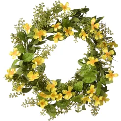 Artificial Hanging Wreath, Woven Vine Stem Base, Decorated With Yellow Cosmos Flower Blooms, Flowing Green Stems, Spring Collection, 22 Inches^National Tree Company Sale