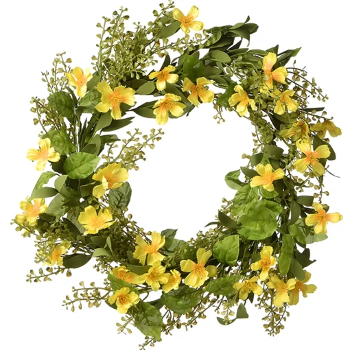 Artificial Hanging Wreath, Woven Vine Stem Base, Decorated With Yellow Cosmos Flower Blooms, Flowing Green Stems, Spring Collection, 22 Inches^National Tree Company Sale