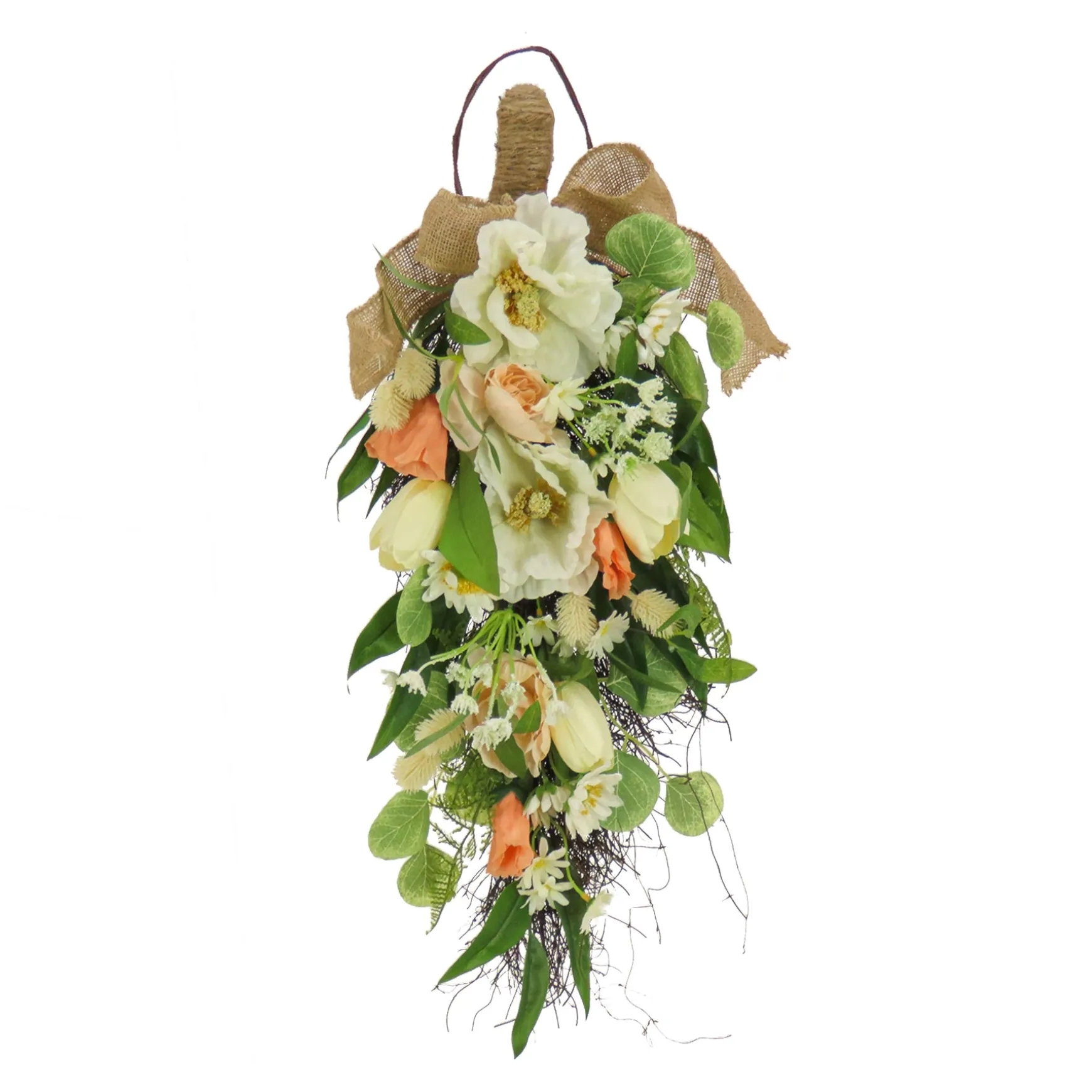 Artificial Teardrop Wall Hanging Decoration, Pink, Woven Branch Base, Decorated With Tulip Blooms, Poppies, Buttercup Blossoms, Flowing Green Stems, Spring Collection, 26 Inches^National Tree Company Outlet