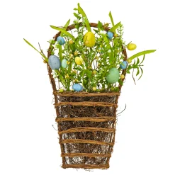 Artificial Hanging Wall Basket, Woven Branch Base, Decorated With Pastel Eggs, Spring Flowers, Leafy Greens, Spring Collection, 18 Inches^National Tree Company Shop