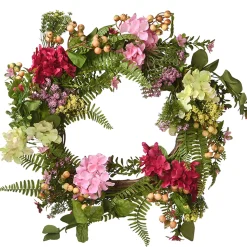 Artificial Hanging Wreath, Woven Branch Base, Red, Pink And Yellow Hydrangea Blooms, Berry Clusters, Wild Flowers, Fern Fronds, Spring Colelction, 22 Inches^National Tree Company Clearance