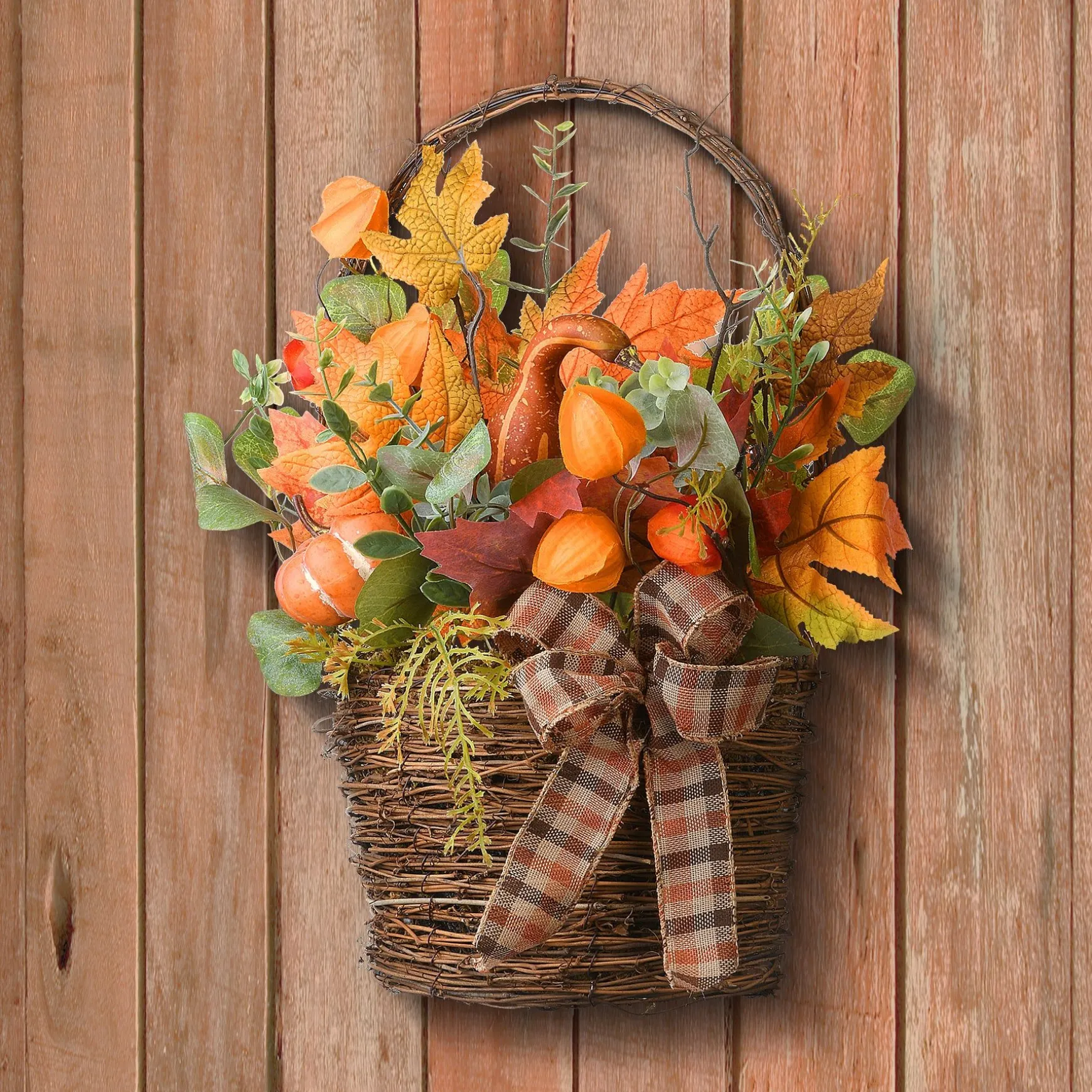 Best Sale National Tree Company Artificial Flowers In Wicker Basket, Decorated With Pumpkins, Gourds, Flower Buds, Burlap Bows, Maple Leaves, Autumn Collection, 17 In