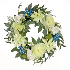 Artificial Wreath Decoration, Blue, Woven Branch Base, Decorated With Dahlia, Peony And Hydrangea Blooms, Seed Pods, Flowing Green Stems, Spring Collection, 24 Inches^National Tree Company New