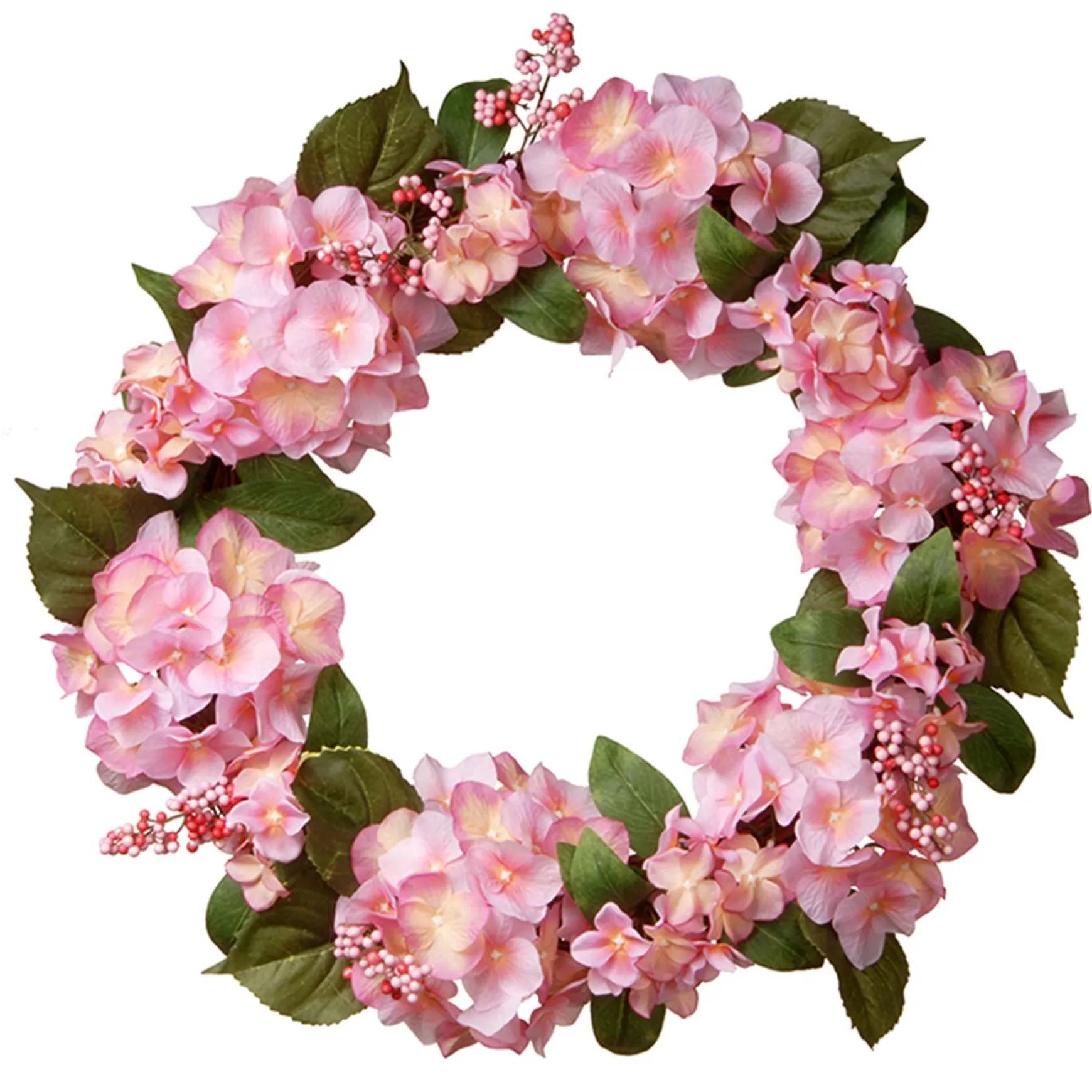 Artificial Hanging Wreath, Woven Branch Base, Decorated With Pink Hydrangea Blooms, Berry Clusters, Leafy Greens, Spring Collection, 24 Inches^National Tree Company Best Sale