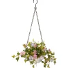 Artificial Hanging Pot Decoration, White Pot Base, Decorated With Assorted Flower Blooms, Leafy Greens, Includes Metal Hanging Loop, Spring Collection, 9 Inches^National Tree Company Best