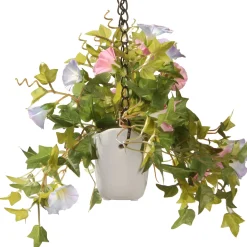 Artificial Hanging Pot Decoration, White Pot Base, Decorated With Assorted Flower Blooms, Leafy Greens, Includes Metal Hanging Loop, Spring Collection, 9 Inches^National Tree Company Best