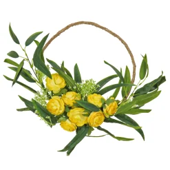 Artificial Wreath Decoration, Yellow, Thick Stem Base, Decorated With Buttercup Blooms, Baby'S Breath, Flowing Green Stems, Spring Collection, 16 Inches^National Tree Company Outlet