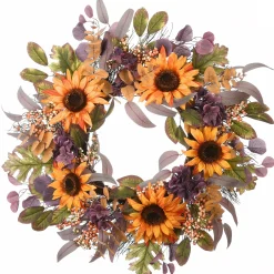New National Tree Company Artificial Autumn Wreath, Decorated With Sunflowers, Hydrangea Blooms, Assorted Leaves, Berry Clusters, Autumn Collection, 30 Inches