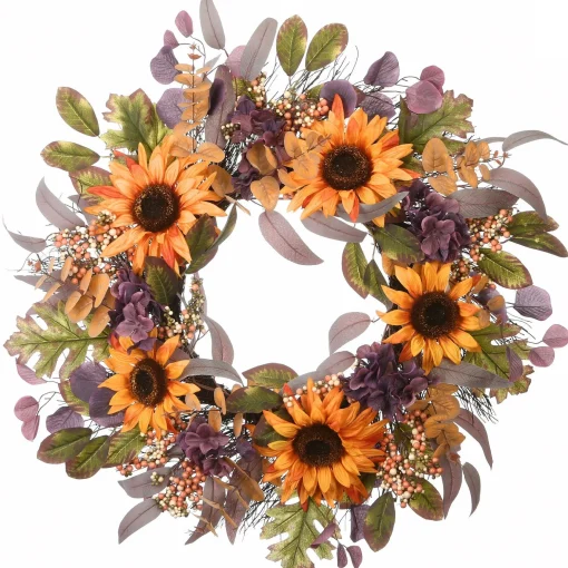 New National Tree Company Artificial Autumn Wreath, Decorated With Sunflowers, Hydrangea Blooms, Assorted Leaves, Berry Clusters, Autumn Collection, 30 Inches