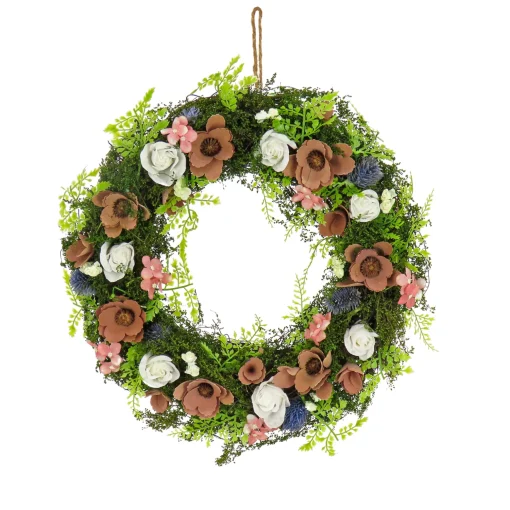 Artificial Wreath Decoration, Pink, Lightweight Foam Base, Decorated With Assorted Flower Blooms, Roses, Seed Pods, Flowing Green Stems, Spring Collection, 18 Inches^National Tree Company Store