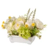Artificial Potted Flowers, White Hyndrangeas And Roses, Decorated With Leafy Greens, Includes White Pot Base, Spring Collection, 7 Inches^National Tree Company New