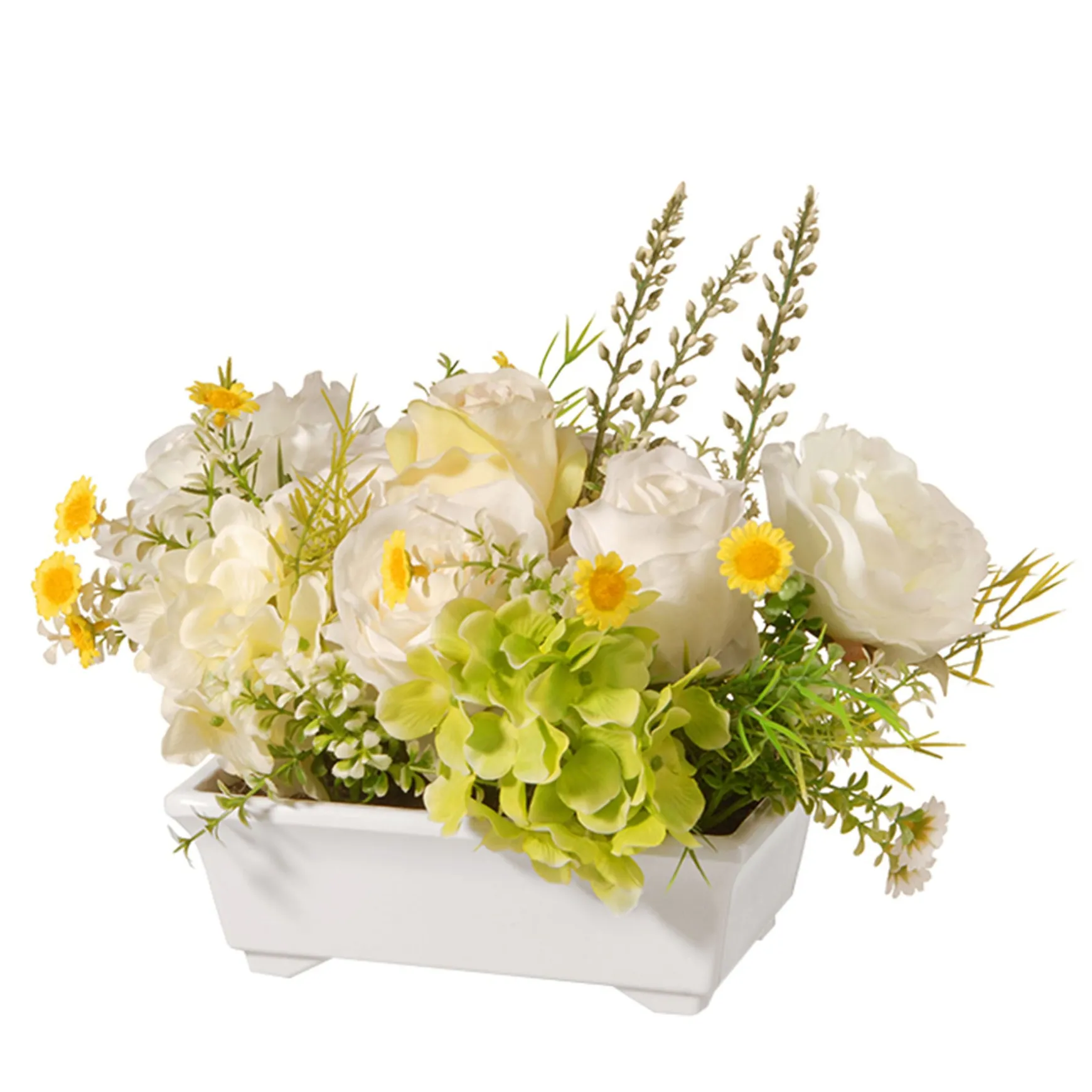 Artificial Potted Flowers, White Hyndrangeas And Roses, Decorated With Leafy Greens, Includes White Pot Base, Spring Collection, 7 Inches^National Tree Company New