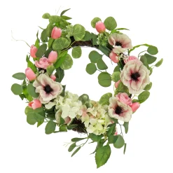 Artificial Wreath Decoration, Pink, Woven Branch Base, Decorated With Hydrangea And Tulip Blooms, Eucalyptus Leaves, Flowing Green Stems, Spring Collection, 22 Inches^National Tree Company Discount