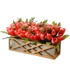 Artificial Planter Box, Decorated With Pink And Red Tulip Blooms, Leafy Greens, Includes Ornate Natural Wooden Base, Spring Collection, 10 Inches^National Tree Company Fashion