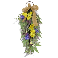 Artificial Teardrop Wall Hanging Decoration, Yellow, Woven Branch Base, Decorated With Pansy Blooms, Lavender, Assorted Blossoms, Flowing Green Stems, Spring Collection, 26 Inches^National Tree Company Flash Sale