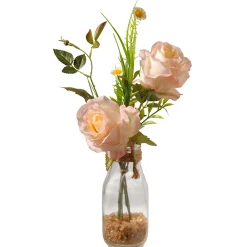 Artificial Flower Bouquet In Glass Vase, Peach Roses, Decorated With Leafy Greens, Spring Collection, 13 Inches^National Tree Company Discount