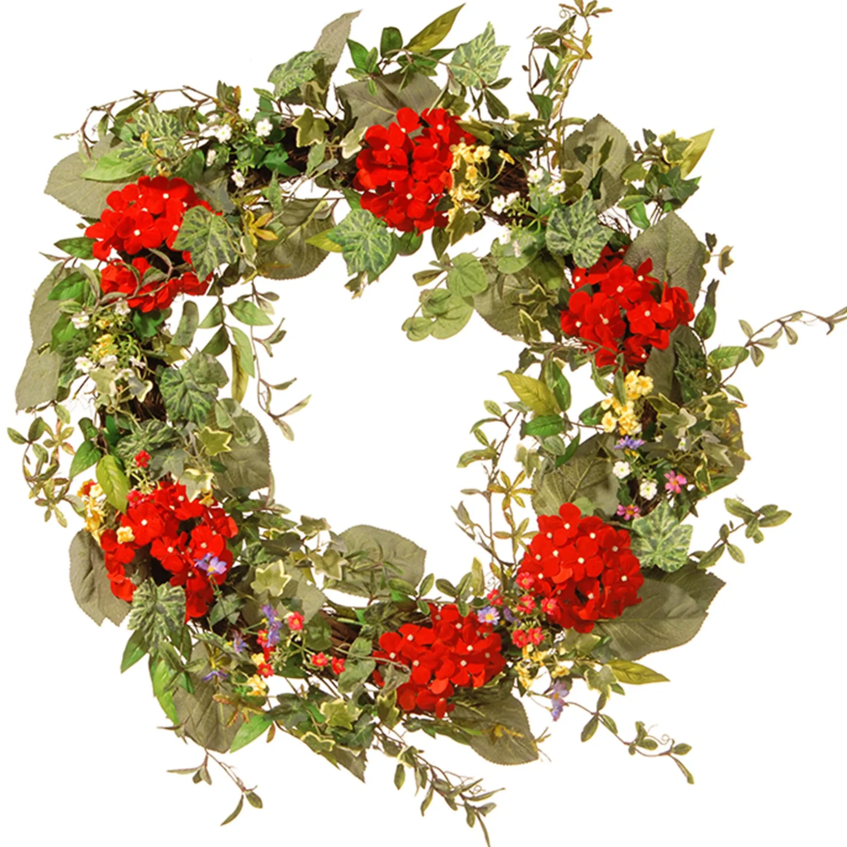 Artificial Hanging Wreath, Woven Branch Base, Decorated With Red Flower Blooms, Flowing Green Stems, Spring Collection, 32 Inches^National Tree Company Best Sale