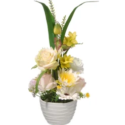 Artificial Potted Flowers, White Daises And Roses, Decorated With Leafy Greens, Includes White Pot Base, Spring Collection, 17 Inches^National Tree Company Outlet
