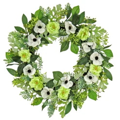 Artificial Spring Wreath, Woven Branch Base, Decorated With Rose And Anemone Flower Blooms, Leafy Greens, Spring Collection, 24 Inches^National Tree Company Fashion