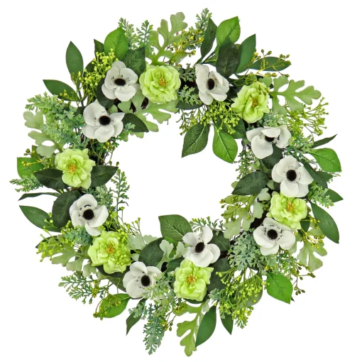 Artificial Spring Wreath, Woven Branch Base, Decorated With Rose And Anemone Flower Blooms, Leafy Greens, Spring Collection, 24 Inches^National Tree Company Fashion