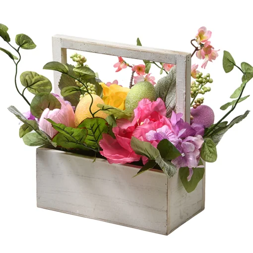 Artificial Boxed Easter Basket, White, Filled With Eggs, Leaves, Flower Blooms, Easter Collection, 14 Inches^National Tree Company Online