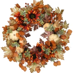 Online National Tree Company Artificial Autumn Wreath, Decorated With Pumpkins, Sunflowers, Berry Clusters, Assorted Leaves, Autumn Collection, 24 In