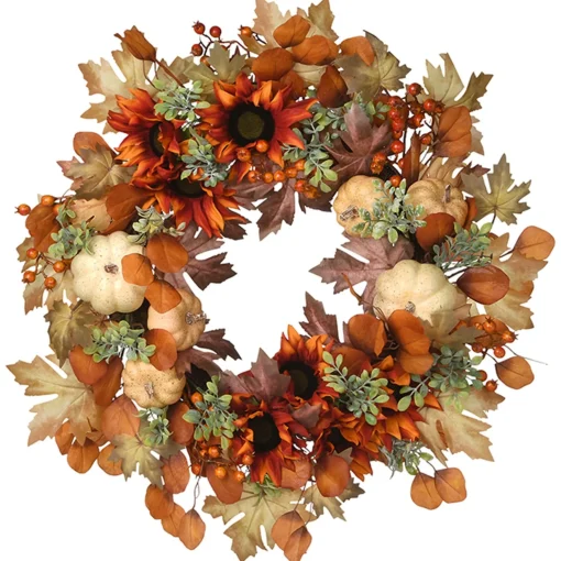 Online National Tree Company Artificial Autumn Wreath, Decorated With Pumpkins, Sunflowers, Berry Clusters, Assorted Leaves, Autumn Collection, 24 In
