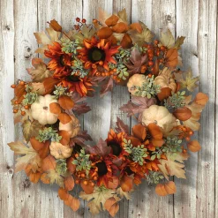 Online National Tree Company Artificial Autumn Wreath, Decorated With Pumpkins, Sunflowers, Berry Clusters, Assorted Leaves, Autumn Collection, 24 In