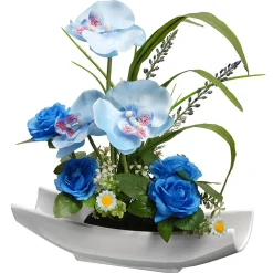 Artificial Potted Flowers, White Orchid, Decorated With Blue Roses, Leafy Greens, Includes White Base, Spring Collection, 15 Inches^National Tree Company Cheap