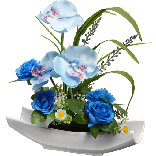 Artificial Potted Flowers, White Orchid, Decorated With Blue Roses, Leafy Greens, Includes White Base, Spring Collection, 15 Inches^National Tree Company Cheap
