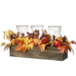 Best Sale National Tree Company Artificial Autumn Centerpiece, Decorated With Maple Leaves, Pomegranates, Pine Cones, Holds Three Candles, Autumn Collection, 24 Inches