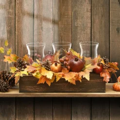 Best Sale National Tree Company Artificial Autumn Centerpiece, Decorated With Maple Leaves, Pomegranates, Pine Cones, Holds Three Candles, Autumn Collection, 24 Inches