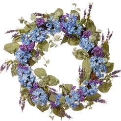 Artificial Hanging Wreath, Woven Branch Base, Decorated With Blue Hydrangea Blooms, Purple Flowers, Flowing Green Stems, Spring Collection, 32 Inches^National Tree Company Sale
