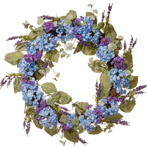 Artificial Hanging Wreath, Woven Branch Base, Decorated With Blue Hydrangea Blooms, Purple Flowers, Flowing Green Stems, Spring Collection, 32 Inches^National Tree Company Sale