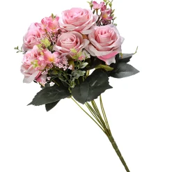 Artificial Floral Bouquet, Vine Stem Base, Decorated With Pink Rose Blooms, Pink Berry Clusters, Seed Pods, Leafy Greens, Spring Collection, 19 Inches^National Tree Company New
