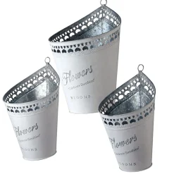 Garden Flower Planters, Pack Of 3 White Tin 'Flower' Pots, Features Hanging Loops, Spring Collection, Varying Sizes^National Tree Company Store