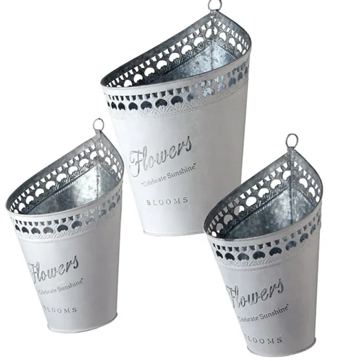 Garden Flower Planters, Pack Of 3 White Tin 'Flower' Pots, Features Hanging Loops, Spring Collection, Varying Sizes^National Tree Company Store