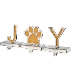 Fashion National Tree Company Gold Sparkle Joy Christmas Stocking Holders, Gold And Silver With Paw Print, 3 Pieces, 5 In