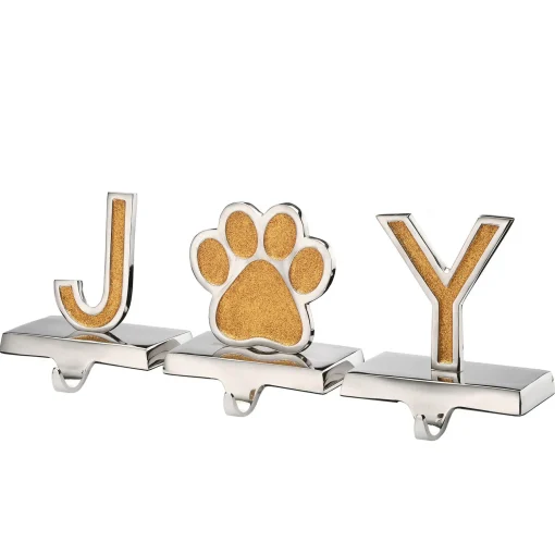 Fashion National Tree Company Gold Sparkle Joy Christmas Stocking Holders, Gold And Silver With Paw Print, 3 Pieces, 5 In