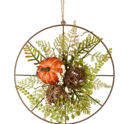 Online National Tree Company Harvest Flower Circle Hanging Decoration, Decorated With Fern Fronds, Leaves, Pumpkins, Twig Cones, Autumn Collection, 13 Inches