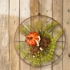 Online National Tree Company Harvest Flower Circle Hanging Decoration, Decorated With Fern Fronds, Leaves, Pumpkins, Twig Cones, Autumn Collection, 13 Inches