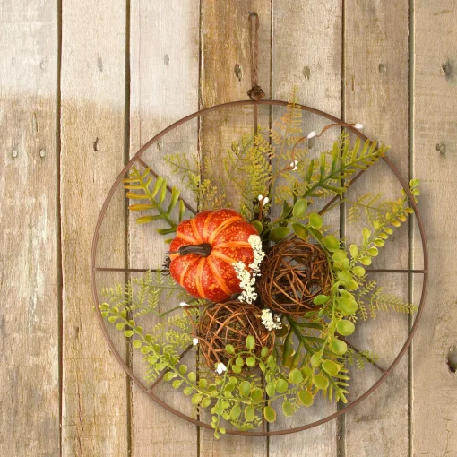 Online National Tree Company Harvest Flower Circle Hanging Decoration, Decorated With Fern Fronds, Leaves, Pumpkins, Twig Cones, Autumn Collection, 13 Inches