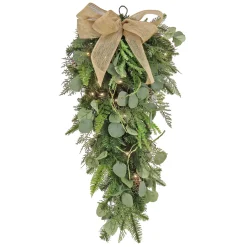 New National Tree Company , Hgtv Home Collection, 30" Winter Garden Eucalyptus Mixed Tip Swag With A Burlap Bow, 30 Led Lights- Battery Operated With Timer