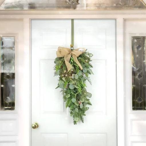 New National Tree Company , Hgtv Home Collection, 30" Winter Garden Eucalyptus Mixed Tip Swag With A Burlap Bow, 30 Led Lights- Battery Operated With Timer