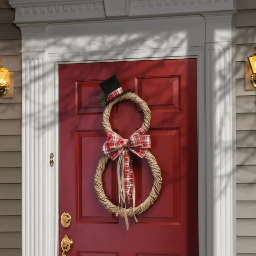 Hot National Tree Company Jute Snowman Holiday Christmas Wall Decor, Rustic, With Red Plaid Ribbons And Beaded Cords, 18 In