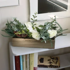 Cheap National Tree Company Mixed Greens And White Flowers Christmas Arrangement With Wood Box Base, 23 In