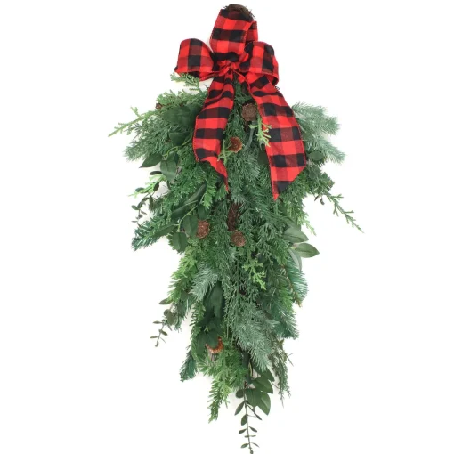 Sale National Tree Company Mixed Pine Christmas Teardrop With Plaid Bow, Pinecones, 30 In