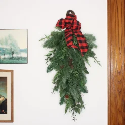 Sale National Tree Company Mixed Pine Christmas Teardrop With Plaid Bow, Pinecones, 30 In