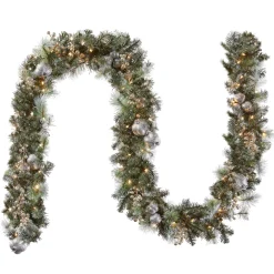 Clearance National Tree Company Pre-Lit Artificial Christmas Garland, Green, Pomegranate Pine, White Lights, Decorated With Ball Ornaments, Berry Clusters, Plug In, Christmas Collection, 9 Feet