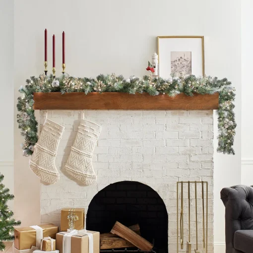 Clearance National Tree Company Pre-Lit Artificial Christmas Garland, Green, Pomegranate Pine, White Lights, Decorated With Ball Ornaments, Berry Clusters, Plug In, Christmas Collection, 9 Feet